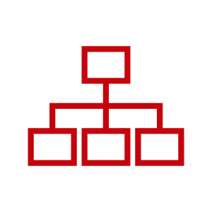 Icon of organization chart structure in a red outline